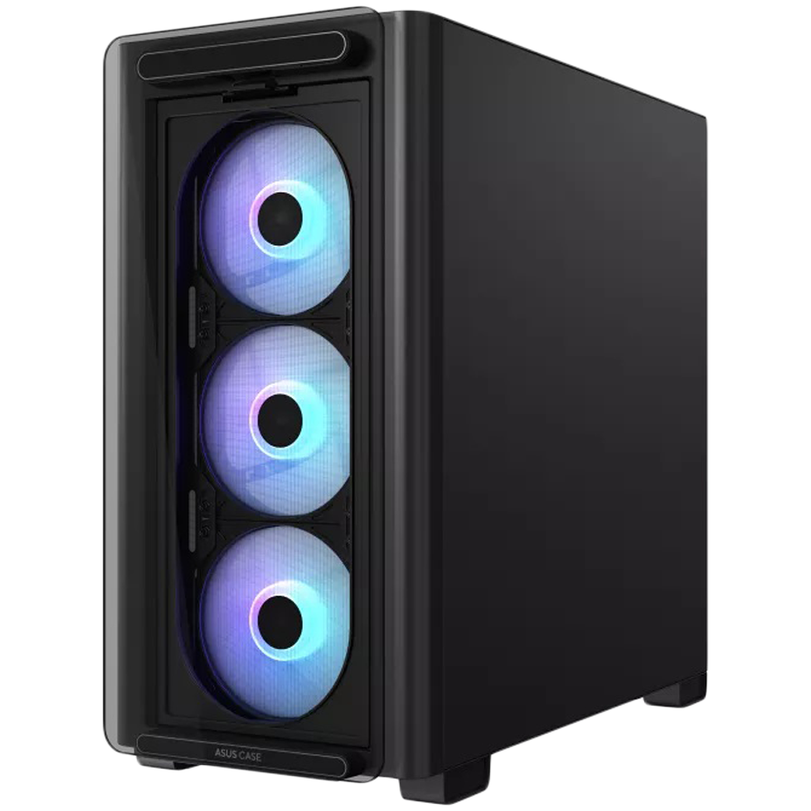ASUS A23 PLUS Tempered Glass microATX case Black, support for hidden-connector motherboards, 360 mm radiators and 380 mm graphics cards, four pre-installed ARGB fans and clean cable management - product photo
