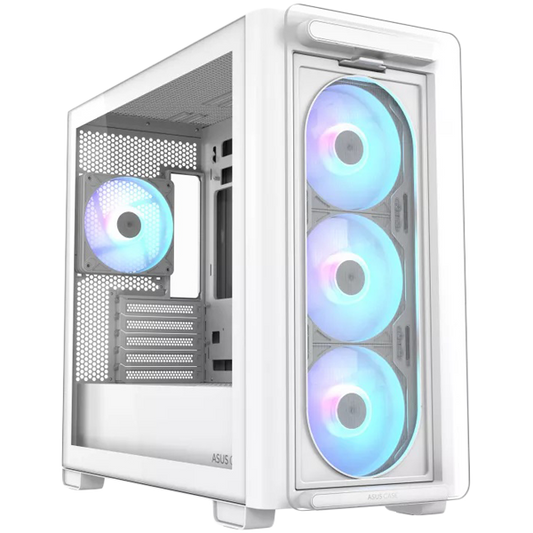 ASUS A23 PLUS Tempered Glass microATX case White, support for hidden-connector motherboards, 360 mm radiators and 380 mm graphics cards, four pre-installed ARGB fans and clean cable management - product photo
