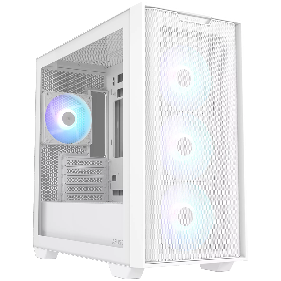 ASUS A21 PLUS Tempered Glass microATX case White, support for hidden-connector motherboards, 360 mm radiators and 380 mm graphics cards, four pre-installed ARGB fans and clean cable management - product photo