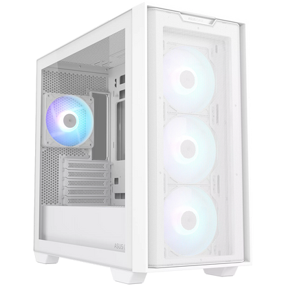 ASUS A21 PLUS Tempered Glass microATX case White, support for hidden-connector motherboards, 360 mm radiators and 380 mm graphics cards, four pre-installed ARGB fans and clean cable management - product photo
