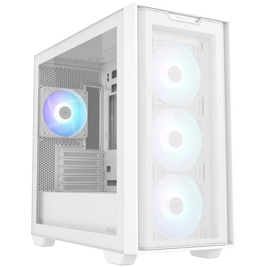 ASUS A21 PLUS Tempered Glass microATX case White, support for hidden-connector motherboards, 360 mm radiators and 380 mm graphics cards, four pre-installed ARGB fans and clean cable management - product photo
