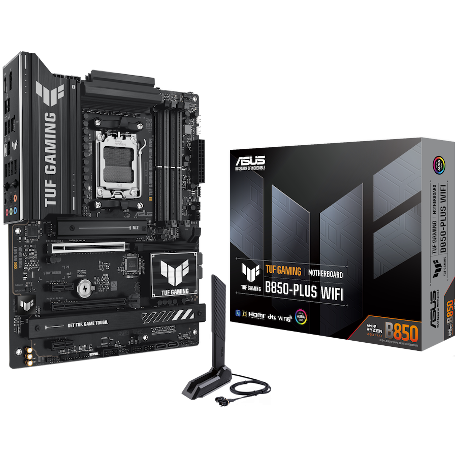 ASUS TUF GAMING B850-PLUS WIFI AM5 ATX gaming MB - AMD B850 4xDIMM DDR5 3xM.2 4xSATA PCIe 5.0 2.5Gb Ethernet WiFi 7 + Bluetooth 1xDisplayPort 1xHDMI with Aura Sync - product photo