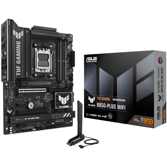 ASUS TUF GAMING B850-PLUS WIFI AM5 ATX gaming MB - AMD B850 4xDIMM DDR5 3xM.2 4xSATA PCIe 5.0 2.5Gb Ethernet WiFi 7 + Bluetooth 1xDisplayPort 1xHDMI with Aura Sync - product photo