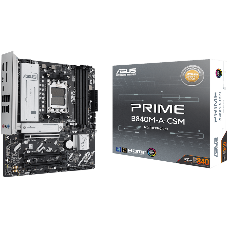 ASUS PRIME B840M-A-CSM AM5 mATX MB - AMD B840 4xDIMM DDR5 3xM.2 4xSATA PCIe 4.0 2.5Gb Ethernet 2xDisplayPort 1xHDMI with Aura Sync - product photo
