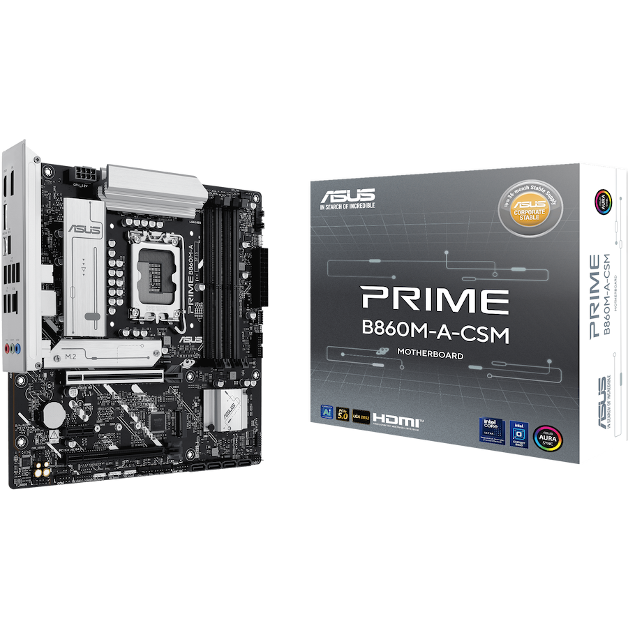 ASUS PRIME B860M-A-CSM LGA1851 mATX MB - Intel B860 4xDIMM DDR5 2xM.2 4xSATA PCIe 5.0 2.5Gb Ethernet 2xDisplayPort 1xHDMI with Aura Sync - product photo