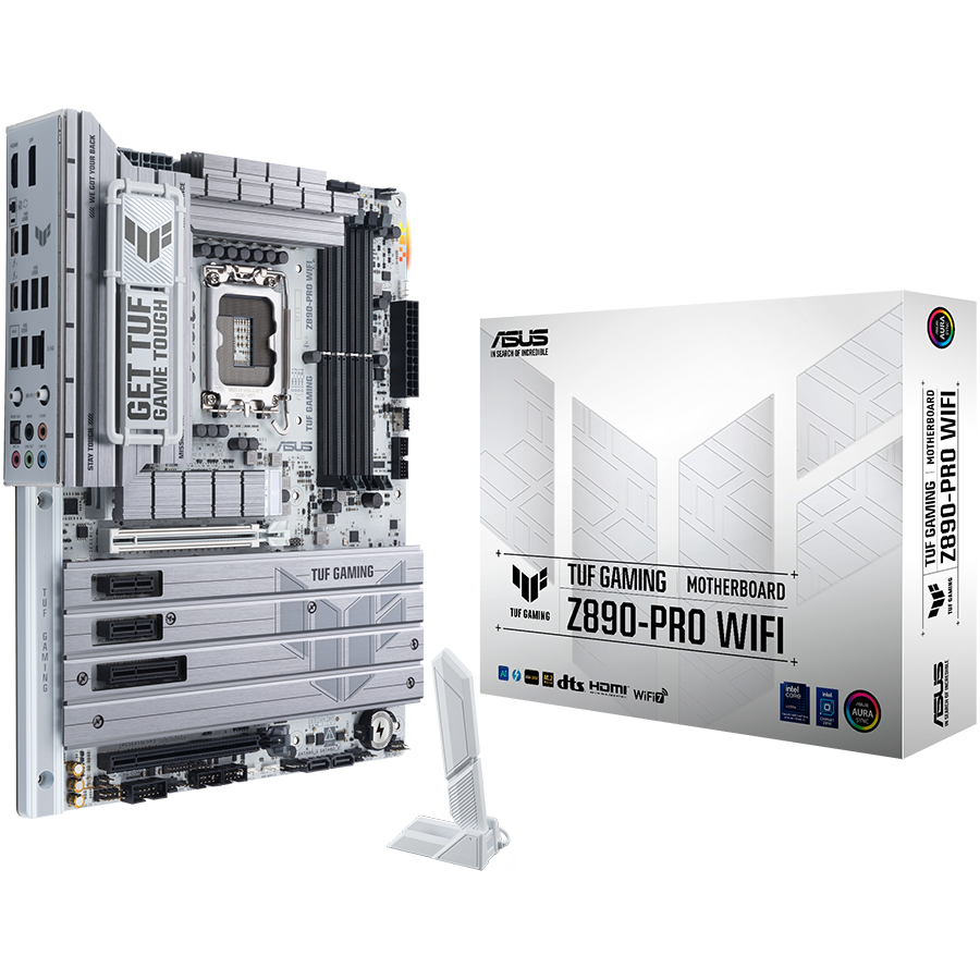 ASUS TUF GAMING Z890-PRO WIFI LGA1851 ATX gaming MB - Intel Z890 4xDIMM DDR5 4xM.2 4xSATA PCIe 5.0 2.5Gb Ethernet WiFi 7 + Bluetooth 1xDisplayPort 1xHDMI 2xIntel Thunderbolt 4 ports (USB Type-C) with Aura Sync - product photo