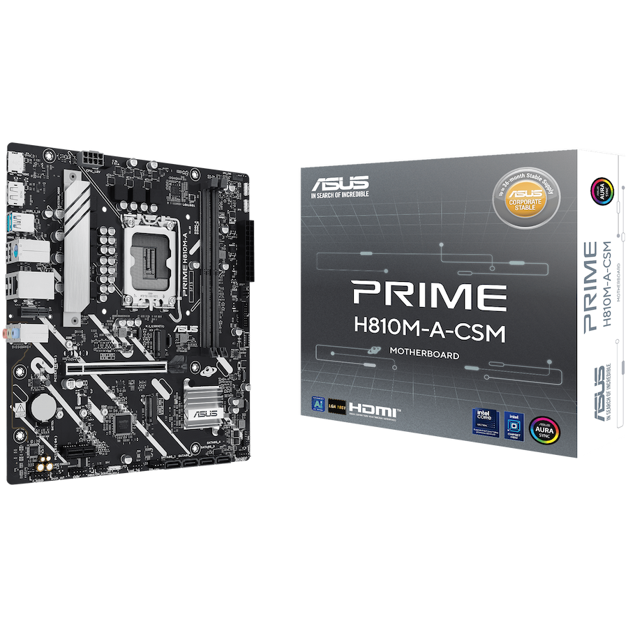 ASUS PRIME H810M-A-CSM LGA1851 mATX MB - Intel H810 2xDIMM DDR5 2xM.2 4xSATA PCIe 4.0 1Gb Ethernet 1xDisplayPort 1xHDMI with Aura Sync - product photo