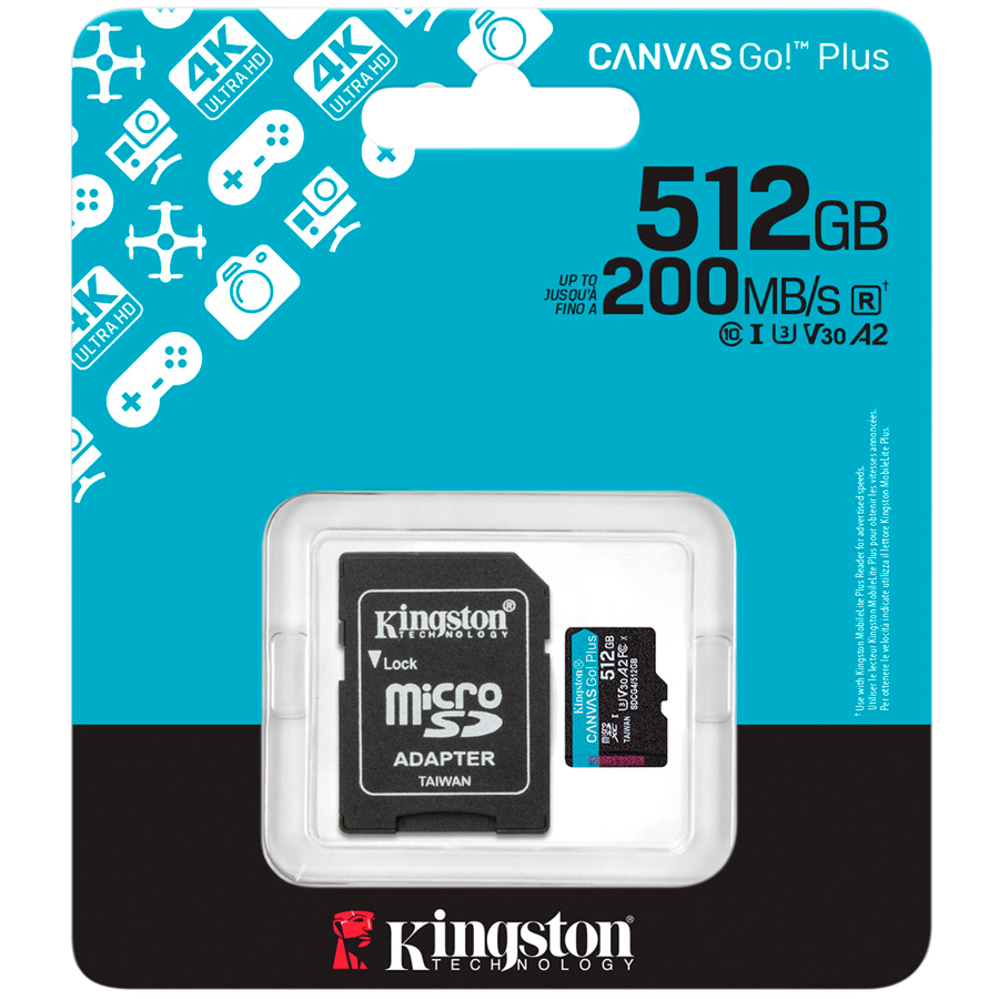 Kingston 512GB microSDXC Canvas Go Plus Gen4 200MB/s A2 U3 V30 Card + Adapter – alternate product view 3