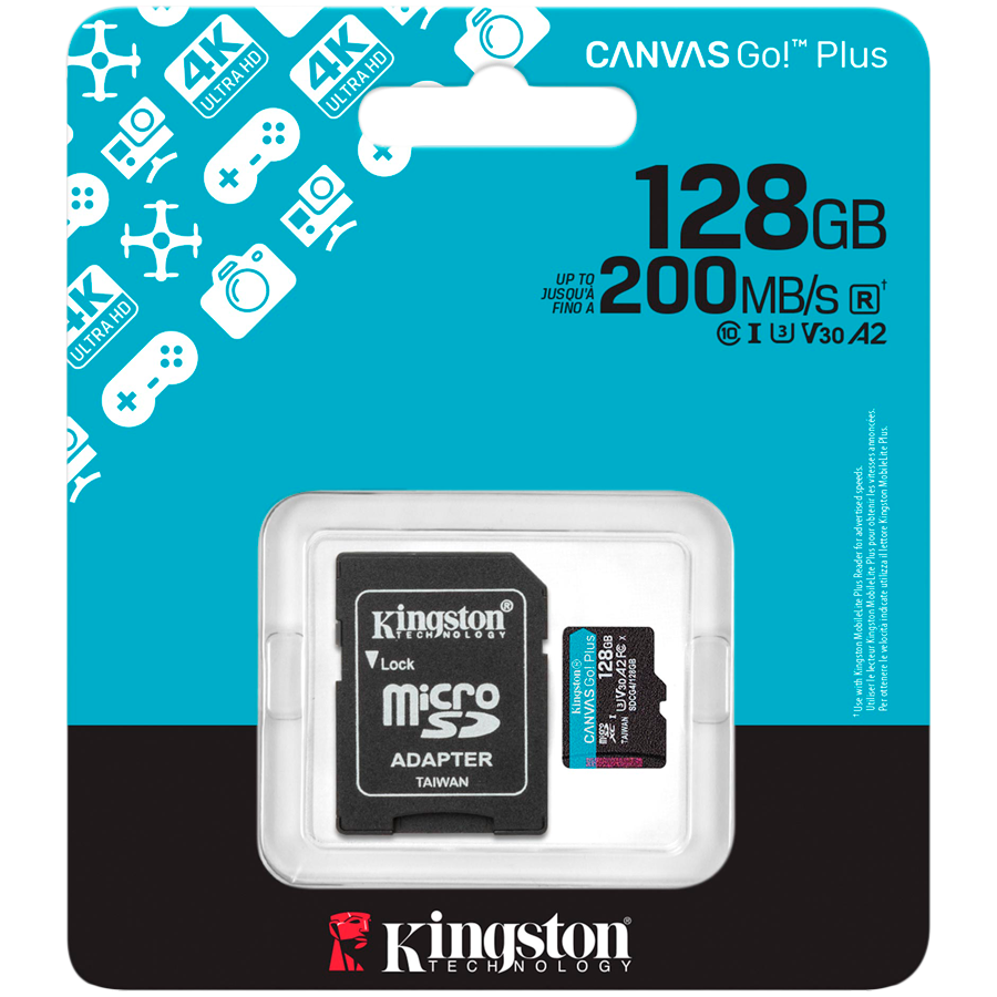 Kingston 128GB microSDXC Canvas Go Plus Gen4 200MB/s A2 U3 V30 Card + Adapter – alternate product view 3
