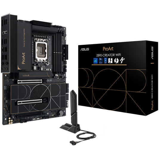 ASUS PROART Z890-CREATOR WIFI LGA1851 ATX professional MB - Intel Z890 4xDIMM DDR5 5xM.2 4xSATA PCIe 5.0 10Gb + 2.5Gb Ethernet WiFi 7 + Bluetooth 1xHDMI 2xIntel TB 5 ports (USB Type-C) 1xIntel TB 4 port (USB Type-C) - product photo