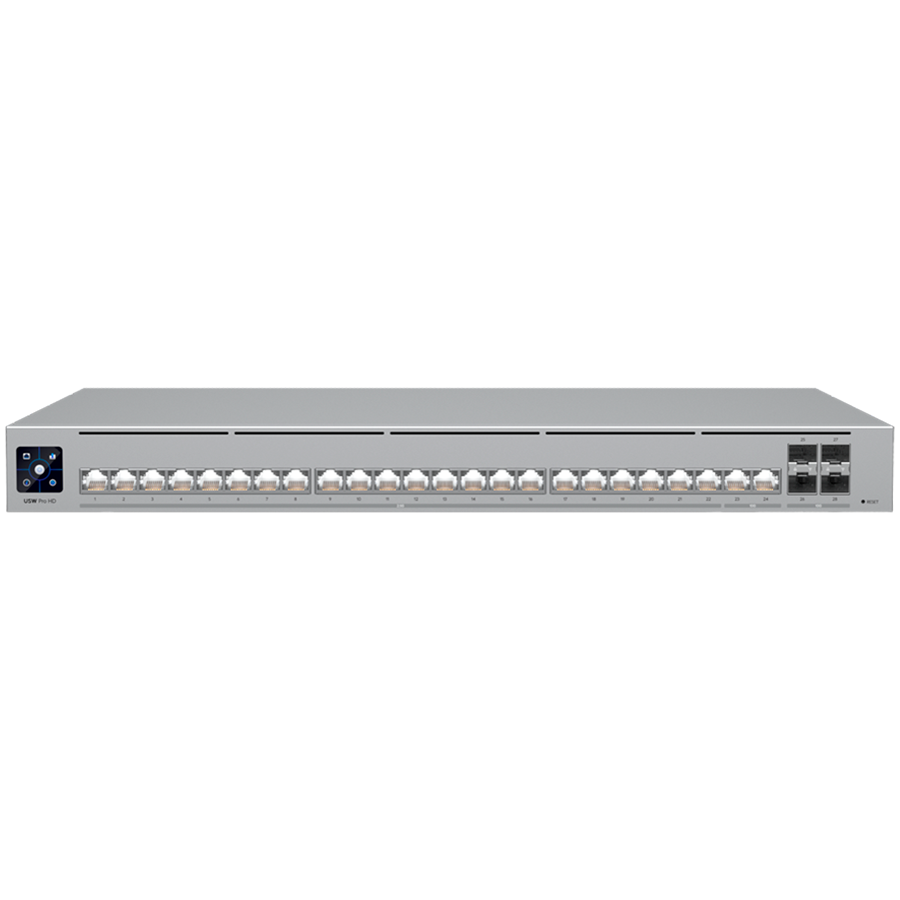 Ubiquiti Layer 3 Etherlighting switch USW-PRO-HD-24-EU, (22) 2.5 GbE, (2) 10 GbE ports, (4) 10G SFP+ ports. – product photo