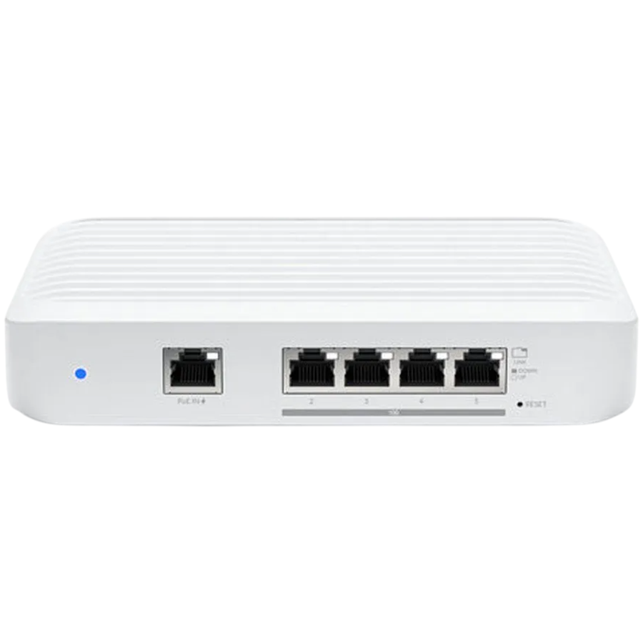 Layer 2 switch with (4) 10GbE RJ45 ports and (1) GbE, 802.3at PoE+ RJ45 input.The Switch Flex XG by Ubiquiti – product photo