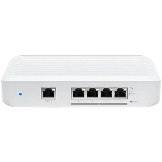 Layer 2 switch with (4) 10GbE RJ45 ports and (1) GbE, 802.3at PoE+ RJ45 input.The Switch Flex XG by Ubiquiti – product photo