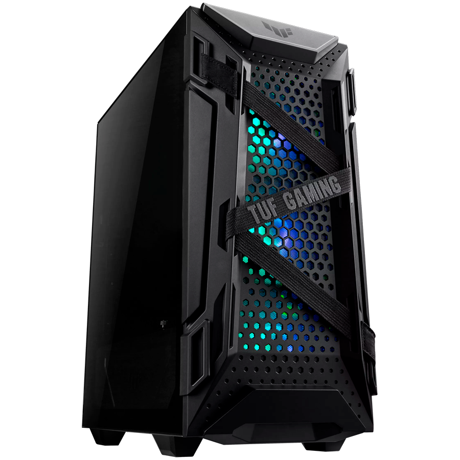 ASUS TUF Gaming GT301 ATX mid-tower compact case with tempered glass side panel, honeycomb front panel, 120mm AURA Addressable RGB fan, headphone hanger and 360mm radiator support - product photo