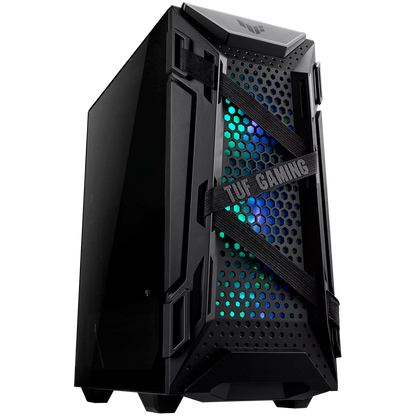 ASUS TUF Gaming GT301 ATX mid-tower compact case with tempered glass side panel, honeycomb front panel, 120mm AURA Addressable RGB fan, headphone hanger and 360mm radiator support - product photo