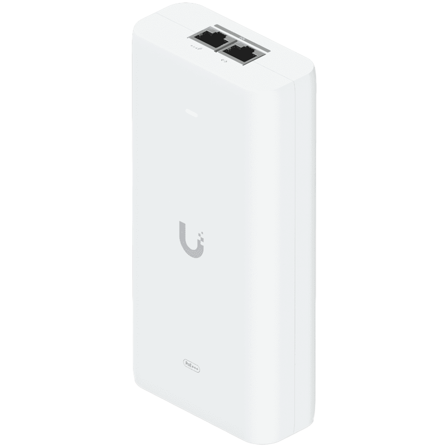 Ubiquiti UniFi 10G PoE+++ Adapter (90W), can power UniFi PoE+++ devices, reduce dependency on PoE switch power, and provide a Multi-Gigabit LAN connection, Contains RJ45 data input, AC cable with earth ground, and PoE+++ output - product photo