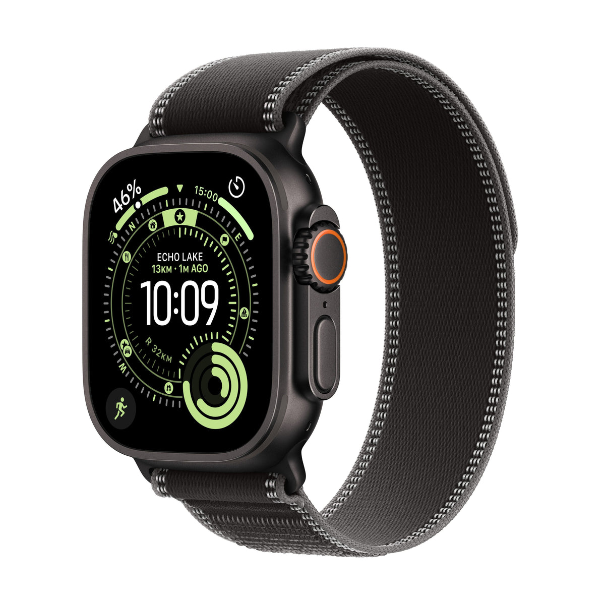 Apple Watch Ultra 3 in Black Titanium with Black and Charcoal Trail Loop