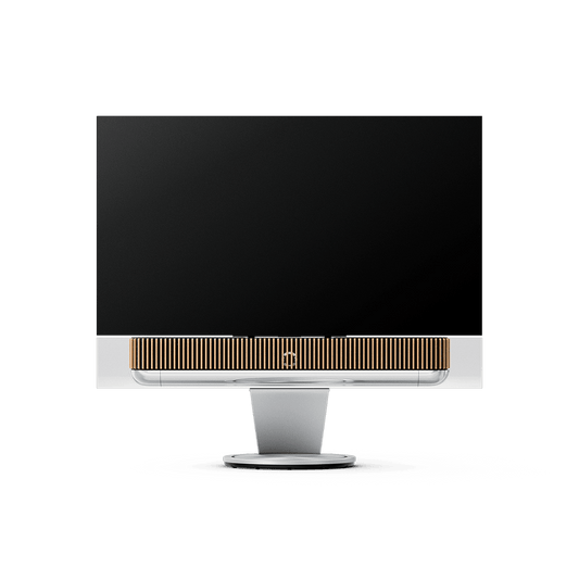 Beovision Theatre 65-inch OLED TV in Natural Aluminium with Oak cover on a motorised floor stand