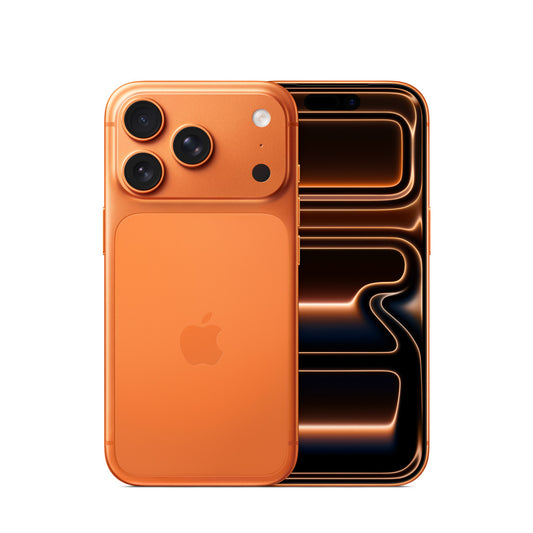 Apple iPhone 17 Pro in Cosmic Orange, front and back view
