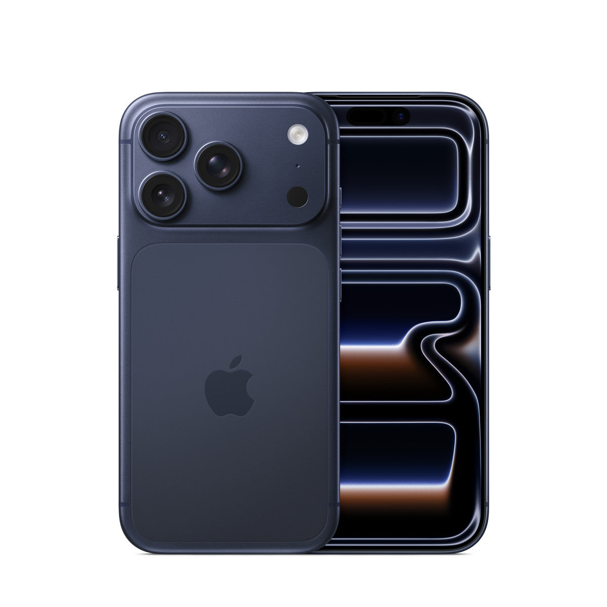 Apple iPhone 17 Pro in Deep Blue, front and back view