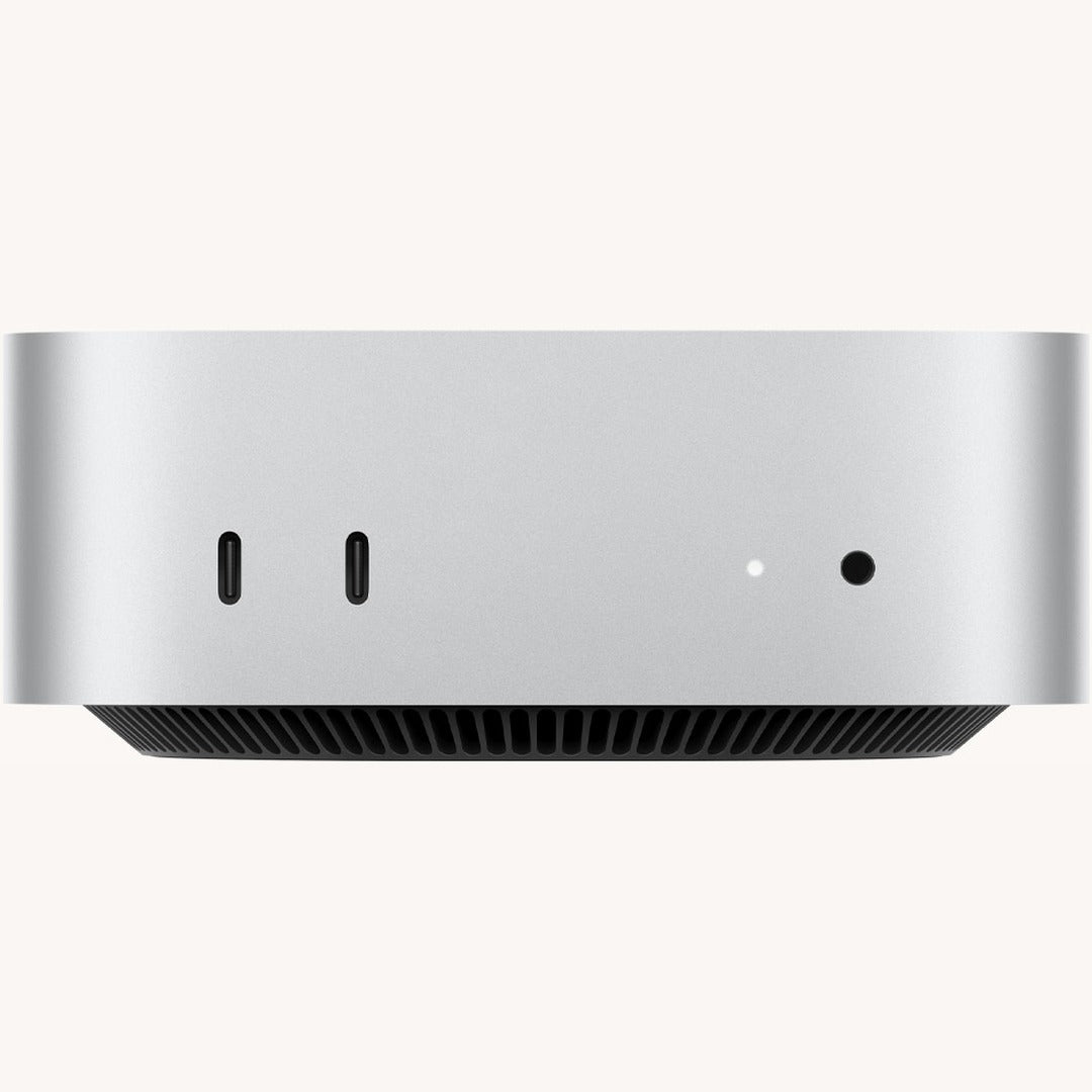 Apple Mac mini side view showing dual Thunderbolt ports and power button