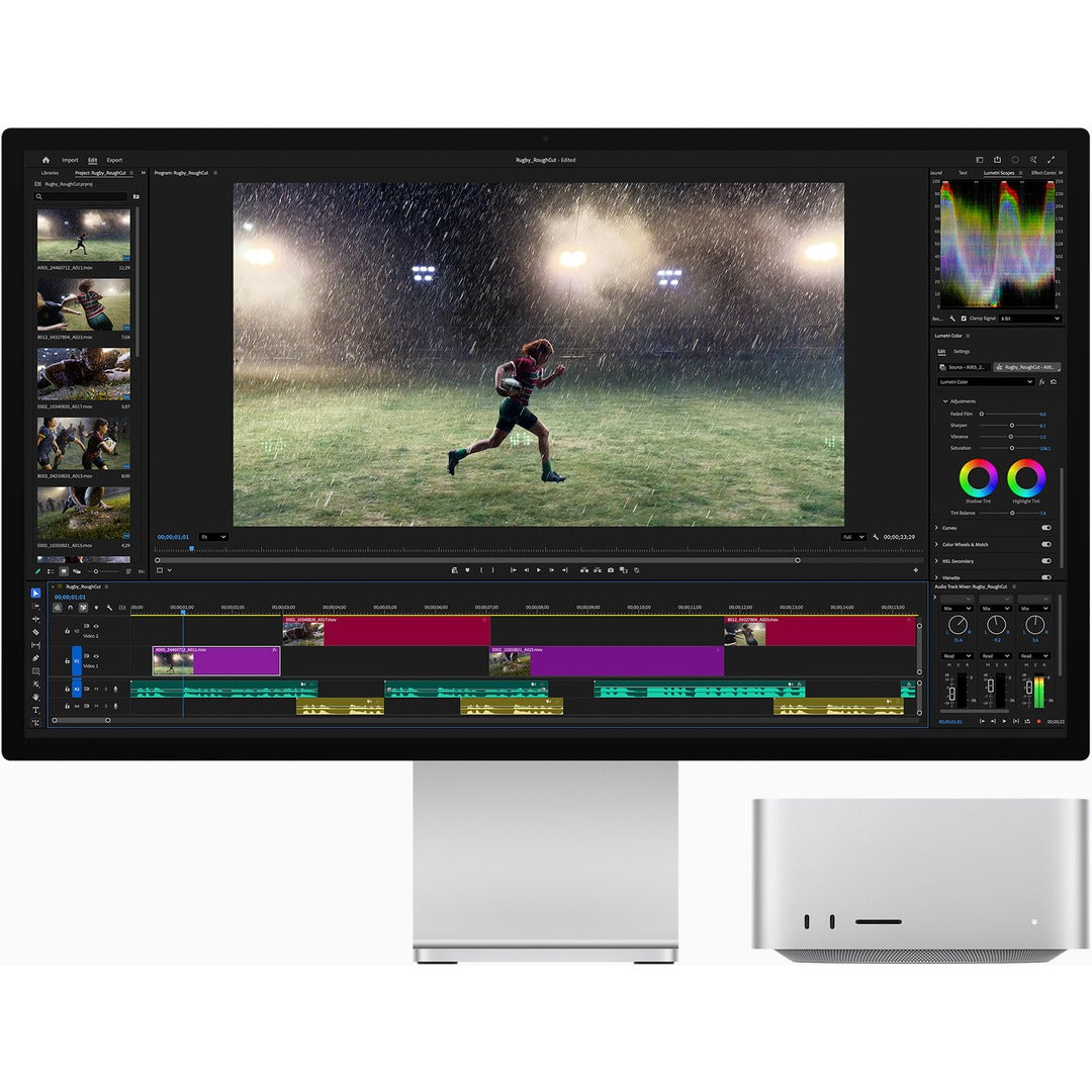 Apple Mac Studio paired with Pro Display XDR editing video in Adobe Premiere Pro