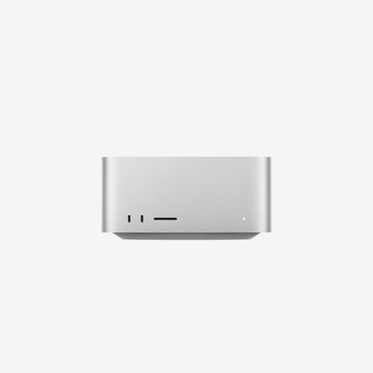 Apple Mac Studio compact silver desktop computer, front angle